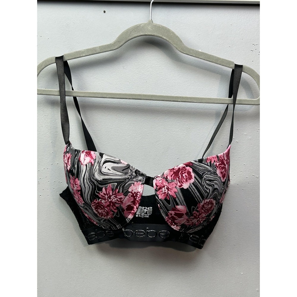 Bebe Bra Womens 34DD Black Pink Floral Lace Underwire Push Up Padded